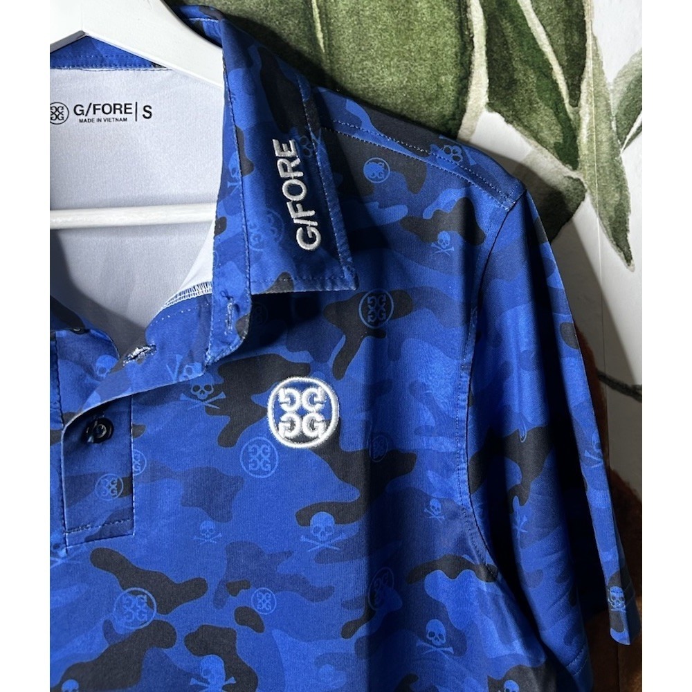 G/Fore Men's Blue Icon Camo Tech Jersey Polo Skull Logo Print Small Short Sleeve - Picture 3 of 4